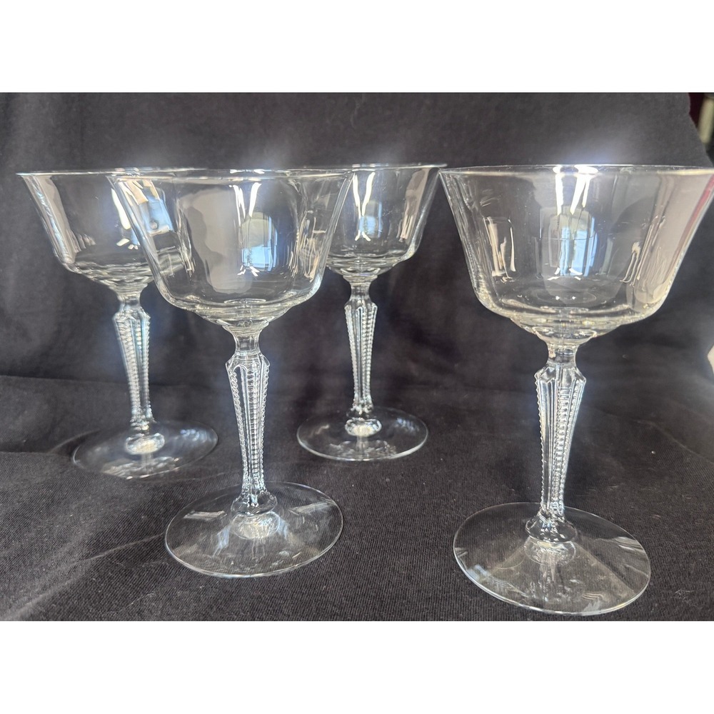 Vintage Crystal Champagne Set of 4 Beaded Ribbed Stem Cocktail Glasses MCM